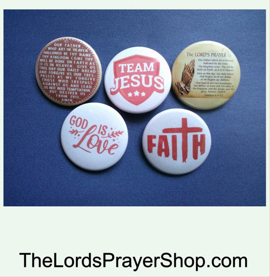 FIVE Religious Pinback Buttons 1 1/2" Size (1.5")